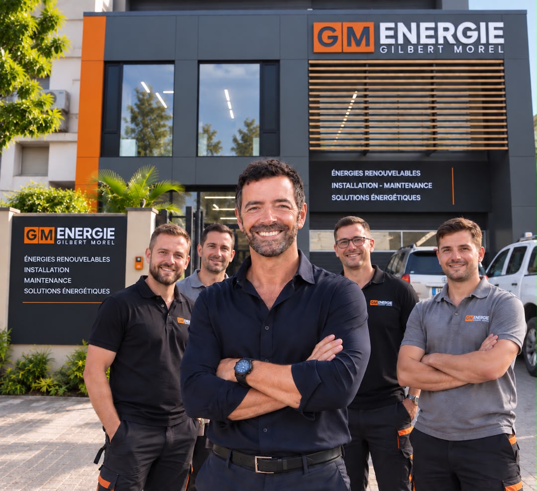 Équipe GM Energie devant le siège, logo GM ENERGIE